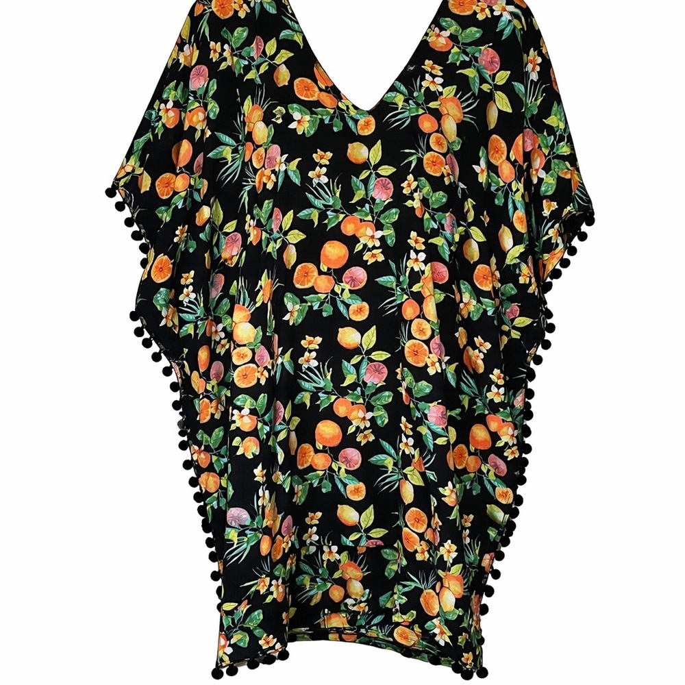 Xhilaration Citrus Print Kimono Top Size M Pom Pom Trim
